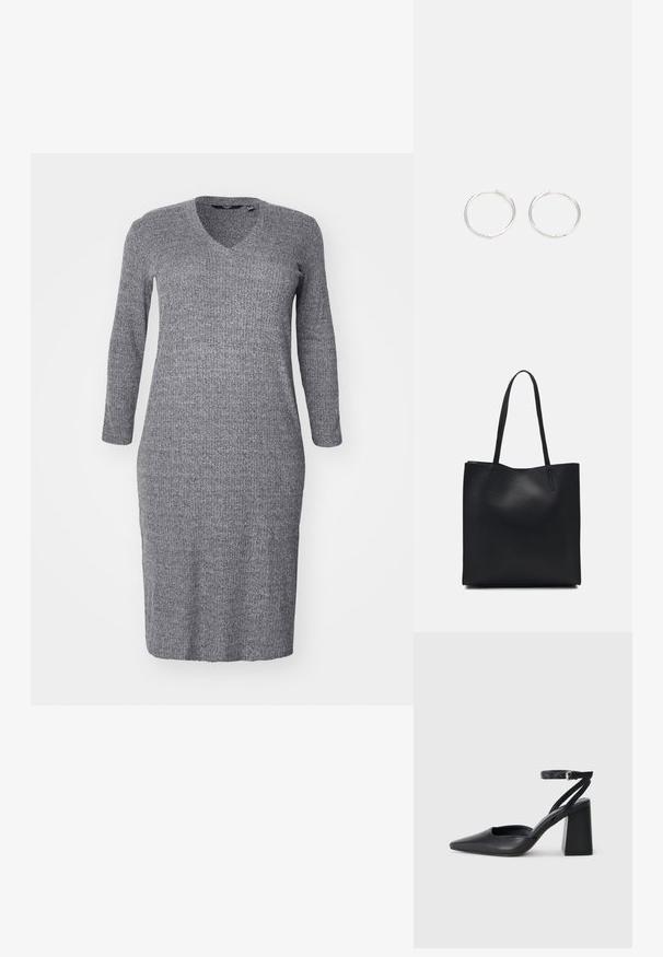 Pilkas megztas suknelė su v formos iškirpte ir ilgomis rankovėmis. Audinys turi tekstūruotą paviršių ir prigludusią siluetą, siekiančią iki vidurinės blauzdos.; Juoda odinė smailiagalė aukštakulnio bateliai su kulkšnies dirželiu ir storu kulnu. Lygus paviršius, elegantiškas dizainas ir minimalistiška estetinė. ; Juodas odinis tote krepšys su lygia tekstūra, stačiakampio formos ir dviem ilgais rankenomis. Matomų metalinių detalių ar puošybos nėra.; Sidabrinės auskarai žiedai su sėslia, apvalia forma, pasižymintys lygia paviršiumi ir be matomų puošmenų. Svoris nenurodytas.