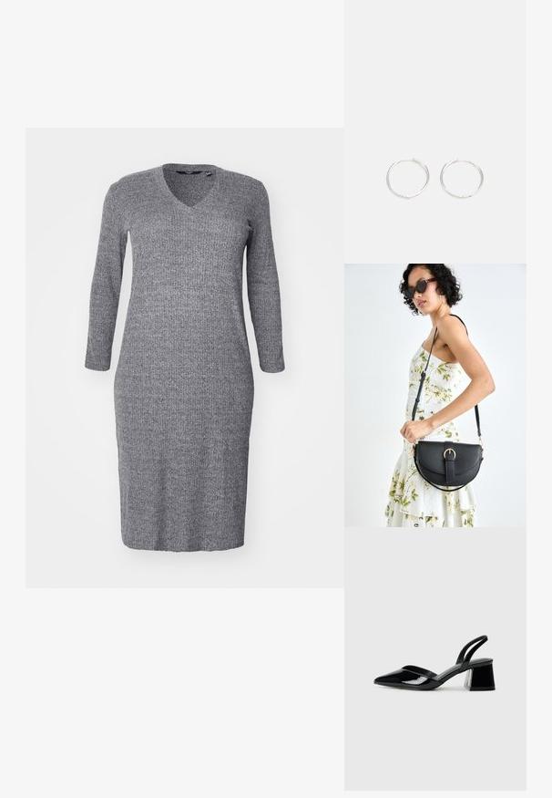 Szürke kötött ruha V-kivágással és hosszú ujjakkal. Az anyag texturált felületű, testhezálló siluettel rendelkezik, ami a térd középig ér.; Fekete lakk bőr szandálkés magas sarkú cipő, hegyes orral és geometrikus tömbsarkakkal. Karcsú, minimalista dizájn és sima textúra jellemzi.; Fekete bőrtáska ívelt formával, levehető pánttal és arany színű fémrészekkel. A táskán egy csattal díszített fedél található.; Ezüst karika fülbevalók, letisztult, kerek formával, sima felülettel és látható díszítés nélkül. A átmérő nem megadott.