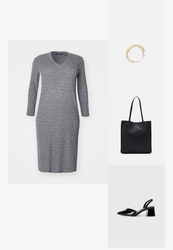 Pelēka adīta kleita ar V veida izgriezumu un garām piedurknēm. Audumam ir teksturēta virsma un pieguļoša silueta, kas sasniedz līdz pusceļam.; Melna lakota āda ar atvērto papēdi, ar smailu purngalu un ģeometrisku blokpapēdi. Iezīmējas elegants, minimāls dizains un gluda tekstūra.; Melnas ādas somiņa ar gludu tekstūru, taisnstūra formu un divām garām rokturiem. Nav redzamu aparatūras vai rotājumu.; Zelta toņa gredzens ar organisku, vērptu dizainu, gludu virsmu un sašaurinātiem galiem, radot mūsdienīgu, skulpturālu izskatu.