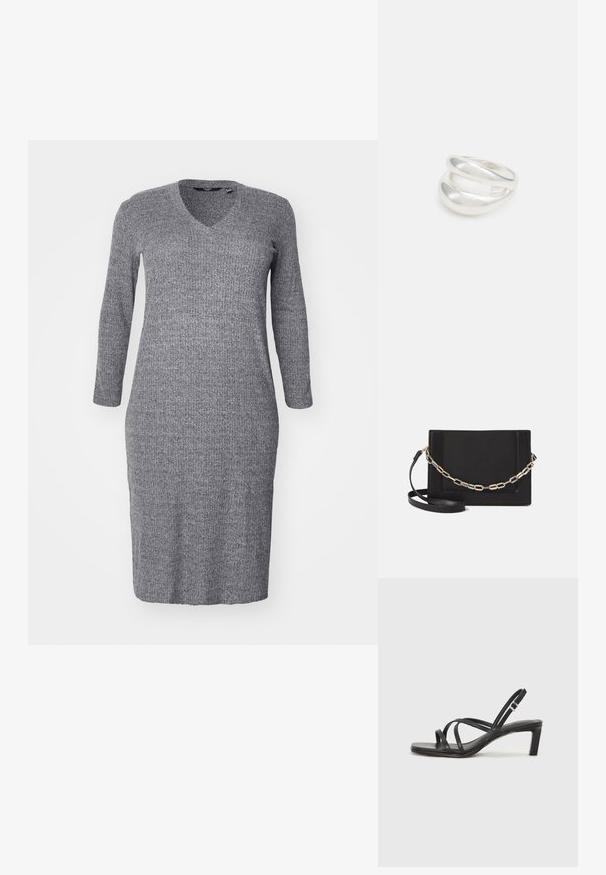 Hallukka halli kudumisel kleit v-kaeluse ja pikkade varrukatega. Kangas on tekstureeritud ja sobituv siluett, ulatudes põlve keskpaiku.; Mustast rihmajalatsid ruudukujulise varba ja madala ploki kontsaga. Omab mitmeid õhukesi rihmasid ja reguleeritavat pahkluu rihma. Valmistatud siledast nahast.; Mustast nahast õlakott, mis omab siledat tekstuuri, ristküliku kuju ning esiküljel metallketi detaili. Reguleeritav rihm on kaasas.; Hõbedane kahekordne rõngas sujuva, poleeritud pinnaga. Omab voolavat, kõverat disaini, millel on kattuvad sektsioonid, et saavutada kaasaegne ilme.