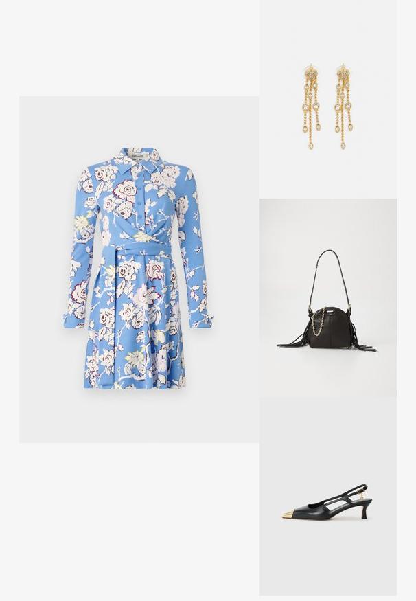 Kék virágmintás ruha hosszú ujjakkal, gombos elülső résszel, gallérral, batikolt dizájnnal és bővülő szoknyával, fehér és sárga virágmintákkal.; Fekete bőr slingback cipő hegyes orral és arany fémes orrbetéttel. Kivágott designnal és vékony sarokkal rendelkezik, állítható pánttal.; Fekete bőr táska lekerekített formával, frufrus díszítéssel, hosszú vállpánttal és arany lánc részlettel.; Aranyszínű fülbevalók, több zuhanó lánccal, tiszta ovális strasszköves díszítéssel és dekoratív fülbevaló tetejével.