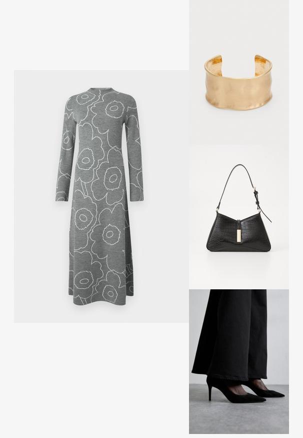 Grijze midi-jurk met lange mouwen, witte omlijnde grote bloemenpatronen en een hoge, ronde halslijn op een effen achtergrond.; Zwarte suède hoge hakken met puntige neuzen, gedragen met zwarte wijde broekspijpen, hebben een slank ontwerp en een subtiele glans.; Zwarte handtas van faux krokodillenleer, met een driehoekige vorm, een slanke schouderband en een goudkleurige hardware-accent in het midden.; Goudkleurige manchetarmband met een gladde, golvende oppervlak, met een gestructureerde binnenkant en een open ontwerp, wat een organische vorm creëert.