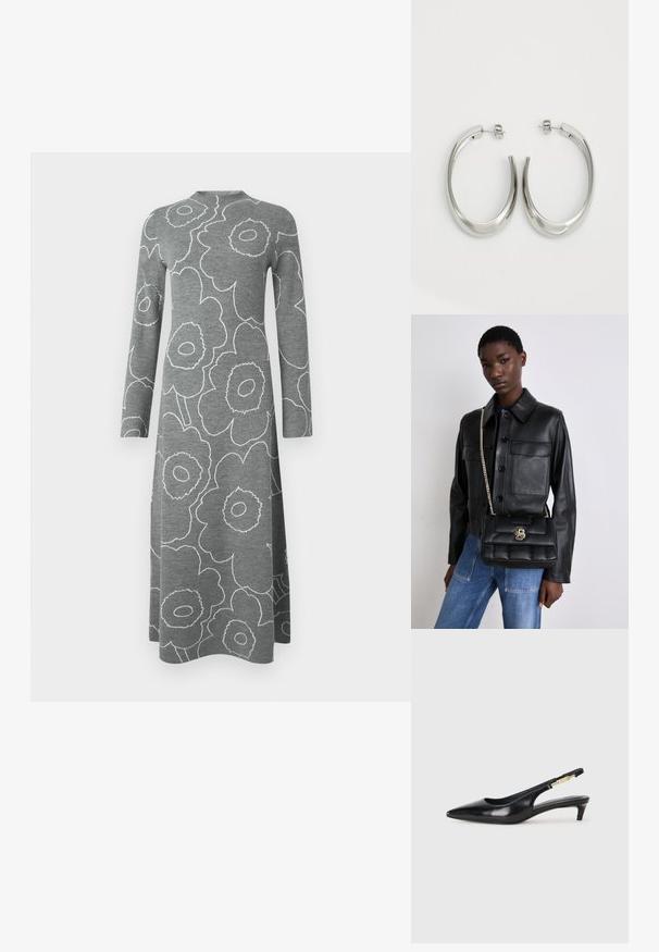 Robe midi à manches longues grise avec de grands motifs floraux blancs en contour et un col haut arrondi sur un fond uni.; Talons hauts en cuir noir avec un bout pointu, dotés d'un talon fin et d'un accent en ton or sur la lanière réglable. Texture lisse.; Veste en cuir noir avec fermeture à bouton et deux poches avant, assortie d'un sac à main matelassé noir avec un fermoir en or et une bandoulière chaîne.; Boucles d'oreilles en argent avec un design lisse et courbé. Présentent une finition métallique brillante et une fermeture à clou. Pas de motifs ou d'accents visibles.