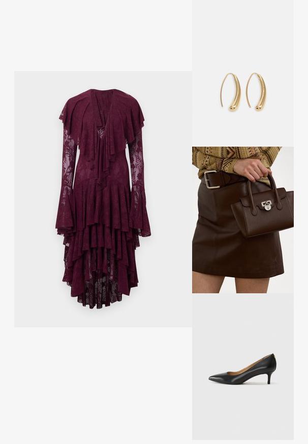 Burgundia pitskleit kihiliste volangide, pikkade kellukakujuliste varrukate ja sügava dekolteega. Kirjeldatud on keerukaid lillmotiive üle kogu kleidi.; Must musta musta, millel on terav nina, madal konts ja sile tekstuur. Omab pisut avatud osa ees ja minimaalset riistvara taga.; pruun nahast käekott tekstuuriga viimistlusega ja hõbedase riistvaraga, hoituna käes pruun nahkse seeliku ja mustriga sviidiga.; Kuldtoonilised metallist rõngas kõrvarõngad, millel on kõver ja piklik kuju. Omavad siledat, läikivat pinda ja ümarat tipptugevdust, mis lisab detaili.