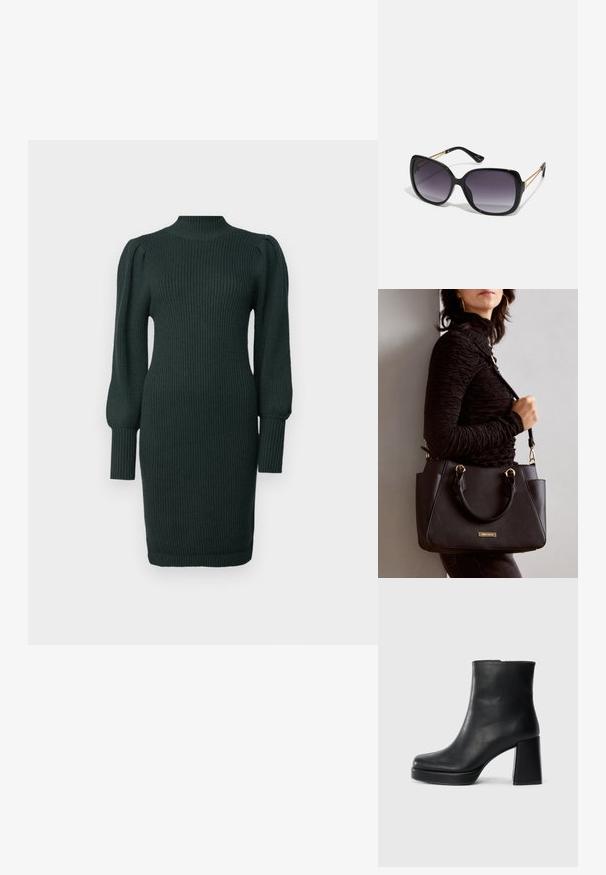 Mørkegrønn ribbestrikket kjole med høy hals, puffermer og tettsittende silhuett, som slutter rett over kneet.; Sorte skinnankelsko med blokkhæl og plattformsåle, sett fra siden på en enkel hvit bakgrunn.; Sorte oversized solbriller med gradient linser, tykke rammer og detaljering med gulltonekjede på tempelarmene.; Svart håndveske med teksturert overflate, doble topphåndtak og justerbar skulderrem. Har detaljer i gulltone og sidelommer.