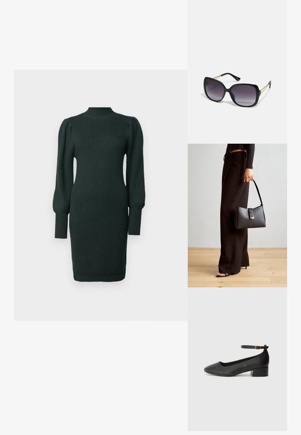 Dunkelgrünes geripptes Strickkleid mit hohem Kragen, Puffärmeln und taillierter Silhouette, das knapp über dem Knie endet.; Schwarze Lederpumps mit spitzem Zehenbereich und niedrigem Blockabsatz. Mit einem Knöchelriemen und einer goldfarbenen Schnalle. Glatte Textur.; Schwarze übergroße Sonnenbrille mit getönten Gläsern, dicken Rahmen und goldfarbener Kettendetaillierung an den Bügeln.; Schwarze Handtasche mit strukturierter Form, glatter Textur und einem metallischen Verschluss. Kombiniert mit weiten schwarzen Hosen und offenen Sandalen auf einem Holzboden.