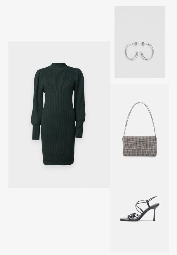 Rochie tricotată ribbed de culoare verde închis, cu guler înalt, mâneci bufante și siluetă ajustată, care se termină chiar deasupra genunchiului.; Sandale negre cu toc înalt au curele subțiri cu un design legat, un vârf pătrat neted și un toc stiletto elegant.; Geantă metalică gri deschis, cu un strap din lanț, decorată cu mici ținte circulare metalice și un logo de marcă triangular.; Cercei rotunzi din argint cu un finisaj neted și strălucitor. Design ușor, având o formă rotundă și închidere cu tijă.
