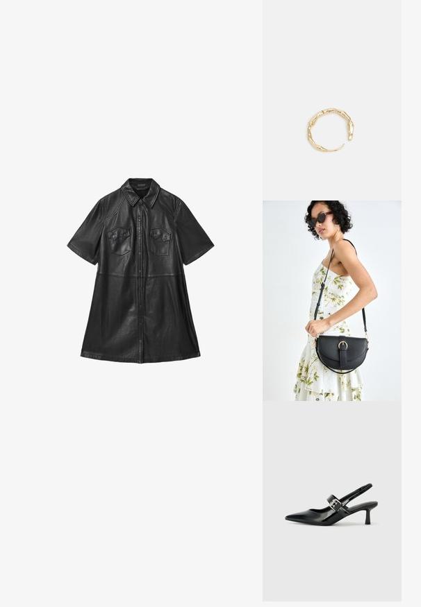 Čierna kožená šatová blúzka s krátkymi rukávmi, golierom, dvoma náprsnými vreckami a zapínaním na prednej strane na gombíky. Hladká textúra s upravenými švami.; Čierne patentové kožené sandále na podpätku so špicatou špičkou a malým blokovým podpätkom, s dekoratívnou striebornou sponou na remienku.; Čierna kožená kabelka s zaobleným tvarom, odnímateľným popruhom a zlatými doplnkami. Kabelka má klopu s detailom s prackou.; Prsteň v zlatej farbe s organickým, skrúteným dizajnom, hladkým povrchom a zužujúcimi sa koncami, vytvárajúci moderný, sochársky vzhľad.