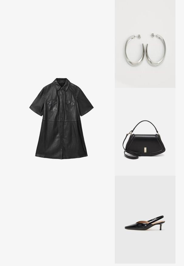 Svart läderklänning med korta ärmar, krage, två bröstfickor och knäppning fram. Slät textur med skräddarsydda sömmar.; Svart lackläder slingback pumps med spetsig tå, liten klack och ett utskärningsmönster på ovandelen. Guldtonad hårdvara som accent på sidan.; Svart läderhandväska med en strukturerad design, som har en avskuren form, ett handtag upptill och guldiga detaljer. Justerbar axelrem ingår.; Silverfärgade hoopsörhängen med en slät, böjd design. Har en glänsande metallisk yta och ett stiftlås. Inga synliga mönster eller detaljer.