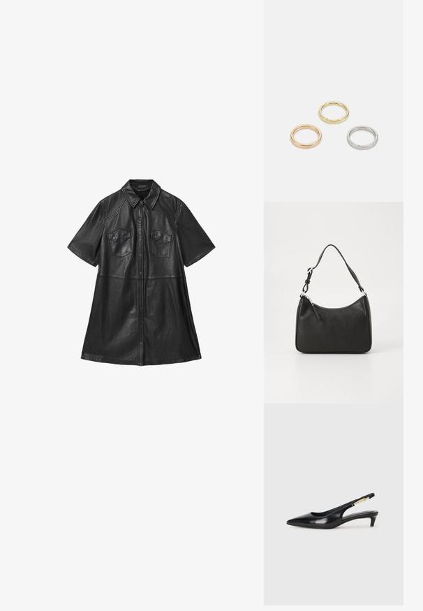 Rochie din piele neagră cu mâneci scurte, guler, două buzunare la piept și închidere cu butoane în față. Textură netedă cu cusături ajustate.; Sandale slingback din piele neagră cu vârf ascuțit, având un toc subțire și un accent de culoare aurie pe curea ajustabilă. Textură netedă.; Geantă de mână din piele neagră, cu o formă curbată, curea unică, închidere cu fermoar și un branding subtil pe față. Textură fină, design minimalist.; Trei inele din metal: unul roz aurie, unul auriu cu accente texturate și unul argintiu, toate cu branding gravat pe banda interioară.