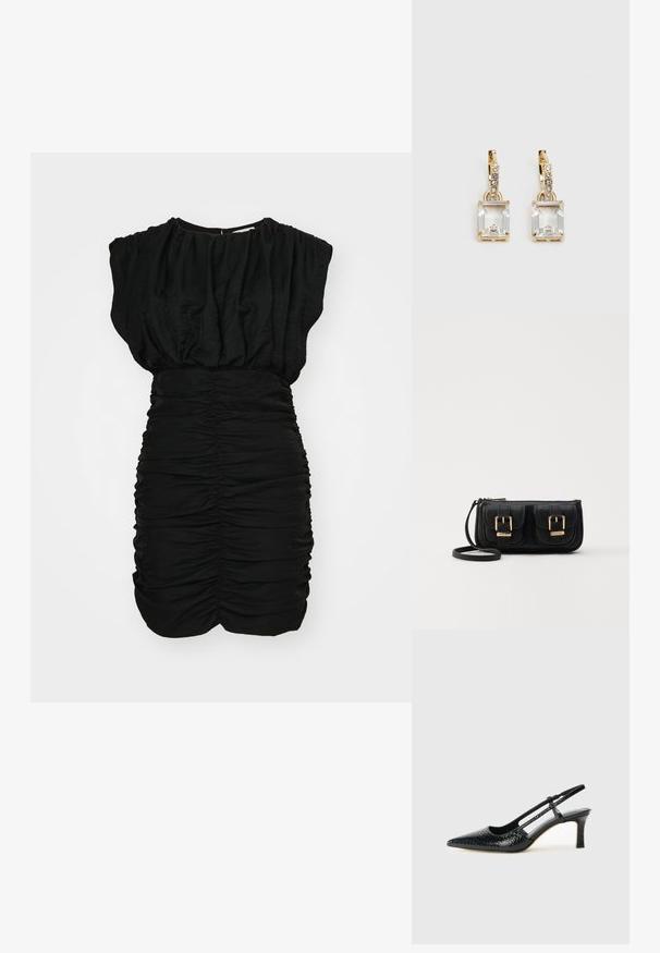 Svart kjole med rynket tekstur, korte puffermer og rynkete detaljer ved livet. Mykt, lett stoff i en tettsittende silhuett.; Sorte patent slingback hæl med spids tå, featuring tekstureret slangeskind, justerbar rem og en kort, tekstureret blokhæl.; Svart skinn crossbody veske med to frontlommer, gyldne spenner, glidelåslukking og en slank stropp. Teksturert overflate og kompakt rektangulær form.; Gullfargede øreringer med en rektangulær, klar krystall som henger under en rad av små, runde klare akenter. Elegante, moderne design.