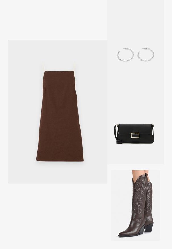 Hnedé ľanové šaty s tenkými krémovými ramienkami, rovného strihu a minimálnymi detailami. Mäkka textúra, stredná dĺžka, vhodné na neformálne nosenie.; Hnedé kožené kovbojské topánky s špicatou špičkou a blokovým podrážkou, so zložitým prešívaním a vyvýšenými akcentmi na puzdre.; Čierna kožená clutch taška s klopou a zlatým kovovým detailom s prackou. Obsahuje čierny remienok a elegantný, minimalistický dizajn.; Strieborné kruhové náušnice s prúteným dizajnom, s lešteným povrchom a zapínaním na kolíček. Majú priemer približne 3 cm.
