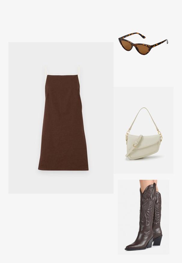 Hnědá lněná šaty s tenkými krémovými ramínky, rovný střih a minimální detaily. Měkká textura, střední délka, vhodné na volný čas.; Hnědé kožené kovbojské boty s špičatou špičkou a blokovým podpatkem, se zdobným prošíváním a vyvýšenými akcenty na nárazu.; Sluneční brýle ve stylu kočičích očí s černo-oranžovým želvovinovým rámem, hnědými skly a elegantními, špičatými konci. Obsahují minimalistické logo na straně.; Malá krémová kabelka s texturovaným povrchem, dlouhým nastavitelným popruhem, řetízkovým akcentem a klopou. Ozdobné detaily zlaté barvy.