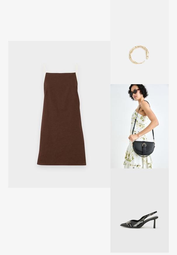 Hnedé ľanové šaty s tenkými krémovými ramienkami, rovného strihu a minimálnymi detailami. Mäkka textúra, stredná dĺžka, vhodné na neformálne nosenie.; Čierne lakované kožené slingback topánky s špicatou špičkou, remienkami okolo členku s striebornými prackami a hardvérom, a štíhlým podpätkom.; Čierna kožená kabelka s zaobleným tvarom, odnímateľným popruhom a zlatými doplnkami. Kabelka má klopu s detailom s prackou.; Prsteň v zlatej farbe s organickým, skrúteným dizajnom, hladkým povrchom a zužujúcimi sa koncami, vytvárajúci moderný, sochársky vzhľad.