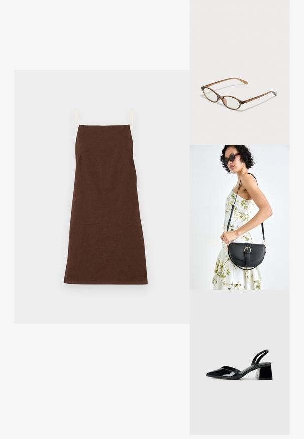 Rochie din in maroniu cu bretele subțiri de crem, croi drept și detalii minime. Textură moale, lungime medie, potrivită pentru ținute casuale.; Pantofi cu toc slingback din piele lacuită neagră, cu vârf ascuțit și toc geometric. Prezintă un design elegant, minimalist și o textură netedă.; Ochelari în nuanță de țestoasă maro, cu lentile ovale, brațe subțiri și accente transparente. Prezintă un logo subtil pe tâmplă. Design elegant și ușor.; Geantă din piele neagră, cu o formă curbată, curea detașabilă și accesorii aurii. Geanta are un capac cu un detaliu tip cataramă.