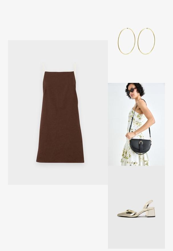 Robe en lin marron avec de fines bretelles crème, coupe droite et des détails minimalistes. Texture douce, longueur mi-mollet, convenant pour un look décontracté.; Talons aiguilles dorés métalliques avec un bout pointu et un talon épais. Texture lisse, design minimaliste et une fine bride.; Sac à main en cuir noir avec une forme courbée, bandoulière amovible et des accessoires en or. Le sac est doté d'un rabat avec un détail de boucle.; Boucles d'oreilles en or en forme de créole lisse et arrondie. Fines et légères, elles présentent une boucle continue sans aucune ornementation.