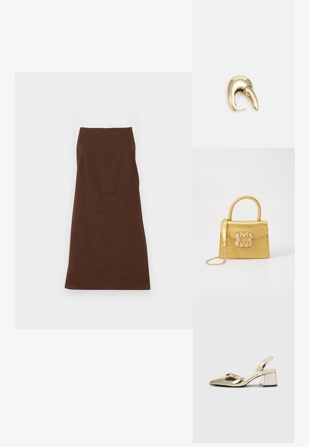 Robe en lin marron avec de fines bretelles crème, coupe droite et des détails minimalistes. Texture douce, longueur mi-mollet, convenant pour un look décontracté.; Talons aiguilles dorés métalliques avec un bout pointu et un talon épais. Texture lisse, design minimaliste et une fine bride.; Sac à main en faux crocodile jaune avec un design structuré, une poignée supérieure, une bandoulière en chaîne amovible, et un ornement cristallin décoratif sur le fermoir.; Boucle d'oreille en métal doré avec un design élégant et courbé. Présente une forme conique distinctive, une surface polie et une fermeture à charnière.