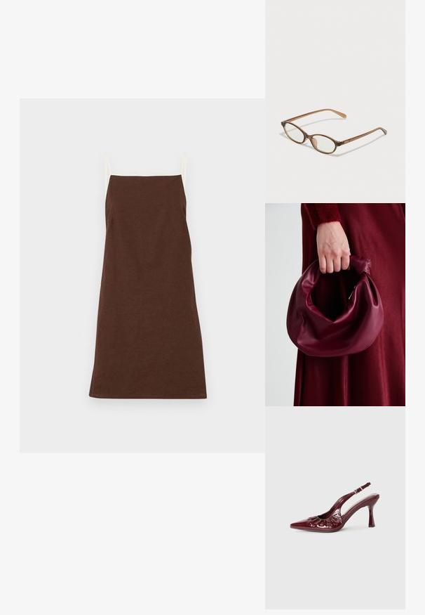 Pruun linane kleit õhukeste kreemjate rihmadega, sirge lõikega ja minimaalse detailiga. Pehme tekstuur, keskpaik, sobib igapäevaseks kandmiseks.; Burgundi patendnahast slingback kontsad koos terava varbaga ja volditud detailidega, omades peenikest kontsa ja reguleeritavat pahkluu rihma.; Pruunid kilpkonnaläätsed ovaalsete objektiividega, õhukesed kaared ja läbipaistvad aktsendid. Templi peal on peene logoga. Sujuv, kergesti kandmiseks mõeldud disain.; Burgundia värvi nahk käekott, millel on pehme, kokku tõmmatav disain ja ümar kuju. Käepide on kindlalt kinnitatud, näidates siledaid pindu.
