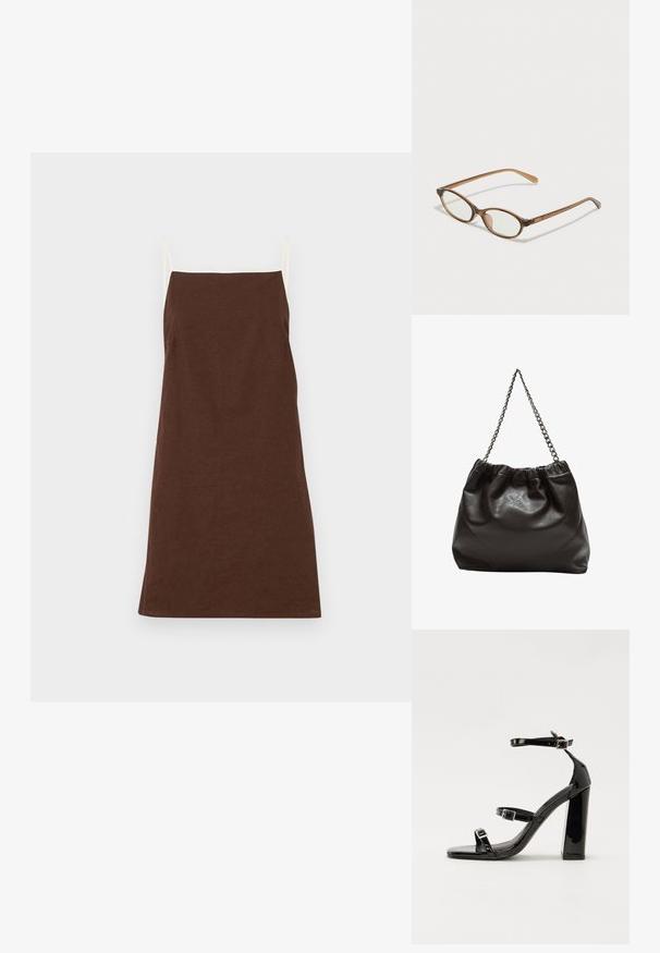 Ruskea pellavamekko, jossa on ohuet kreeminväriset olkaimet, suora leikkaus ja minimaalinen viimeistely. Pehmeä kangas, keskipitkä pituus, sopii arkikäyttöön.; Musta kiiltävä korkokenkä sandaalit neliönmuotoisella varpaalla, nilkkaremmillä ja hopeisilla soljilla. Varustettu tukevalla lohkokorkealla vakauden takaamiseksi.; Ruskeat kilpikonnaruutulasiset silmälasit, joissa ovaalit linssit, ohuet varret ja läpinäkyvät yksityiskohdat. Temppeleissä on huomaamaton logo. Suunnittelultaan suora ja kevyt.; Ruskea nahkainen laukku, jossa on kerätty yläosa ja ketjuhihna. Tasainen pinta, jossa kiiltävä viimeistely ja hienovaraiset sauman yksityiskohdat sivuilla.