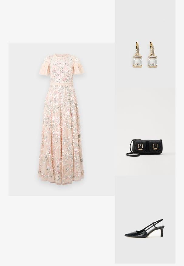 Langes Blumenkleid aus zartem Pfirsichstoff, mit kurzen Rüschenärmel, aufwendiger Stickerei und Pailletten für zusätzliche Struktur.; Schwarze Lack-Slingback-Pumps mit spitzem Zehenbereich, versehen mit strukturiertem Schlangenprint, verstellbarem Riemen und einem kurzen, strukturierten Blockabsatz.; Schwarze Leder-Umhängetasche mit zwei vorderen Taschen, goldenen Schnallen, Reißverschluss und einem schmalen Tragegurt. Texturierte Oberfläche und kompakte rechteckige Form.; Ohrringe in Goldfarbe mit einem rechteckigen, durchsichtigen Kristall, der unter einer Reihe kleiner, runder klarer Akzente hängt. Elegantes, modernes Design.