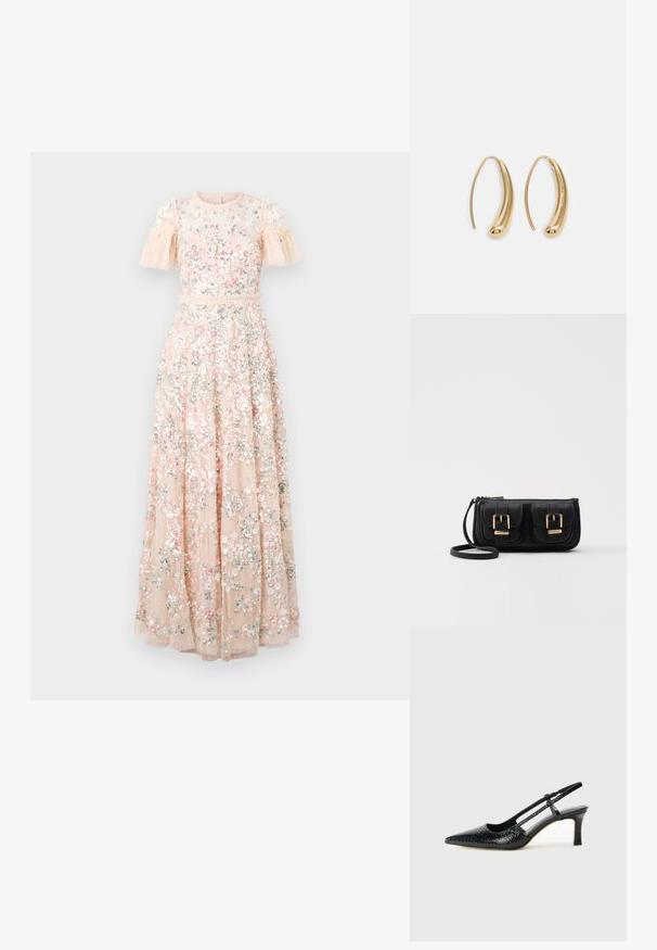 Ilga gėlių suknelė iš minkšto persikų audinio, kuri turi trumpas volanėlių rankoves, sudėtingą siuvinėjimą ir blizgučius visame paviršiuje, kad būtų pridėta tekstūros.; Juodai lakuoti slingback aukštakulniai su smailiu nosiu, su tekstūruotu gyvatės raštu, reguliuojama juosta ir trumpu, tekstūruotu blokiniu kulnu.; Juodas odinis per petį nešiojamas krepšys su dviem priekiniais kišenėmis, auksiniais sagtimis, užtrauktuko uždarymu ir siauromis petnešomis. Textūruota paviršius ir kompaktiškas stačiakampis formatas.; Auksinės metalinės auskarų kabės su lenktą, pailgą forma. Turi lygų, blizgantį paviršių ir užapvalintą galiuką papildomam akcentui.