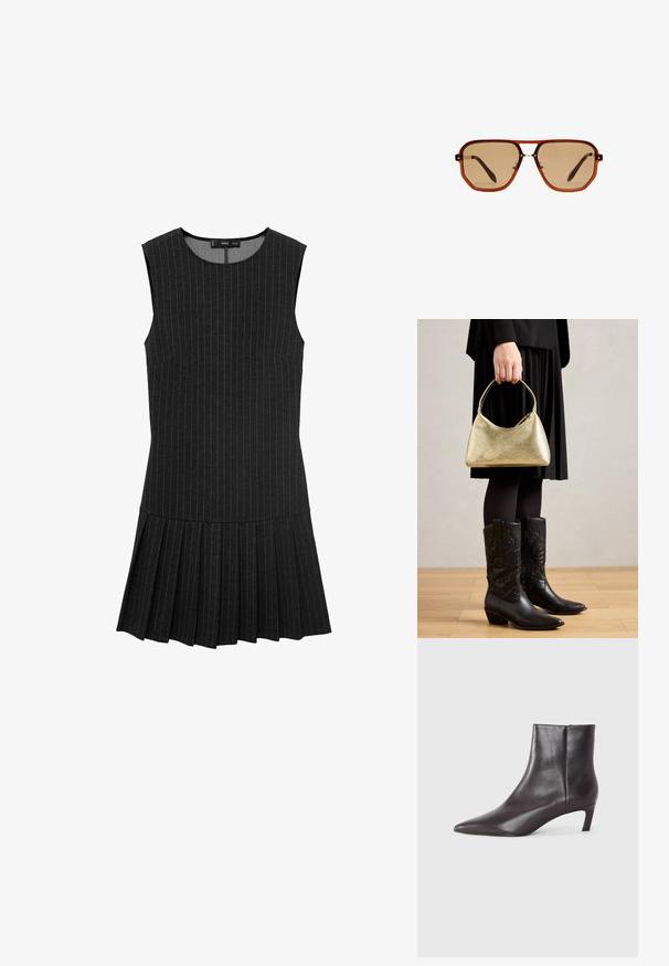 Czarna sukienka bez rękawów z pionowymi paskami, dopasowanym górnym fasonem i plisowanym dołem. Materiał jest gładki z lekko fakturowanym wykończeniem.; Czarne skórzane botki za kostkę z ostrym noskiem i niskim obcasem typu kitten heel, gładkie wykończenie, z bocznym zamkiem, zaprezentowane na neutralnym tle.; Brązowe ośmiokątne okulary przeciwsłoneczne z przezroczystą bursztynową oprawką i brązowymi soczewkami. Posiadają metalowy akcent na nosku oraz smukłe zauszniki.; Złota torebka o teksturowanej powierzchni, o zaokrąglonym kształcie i krótkim uchwycie, trzymana przez osobę ubraną w czarną plisowaną spódnicę i czarne skórzane kowbojki.