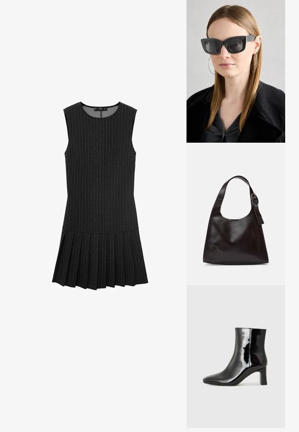 Zwarte mouwloze jurk met verticale streepjes, een aansluitend lijfje en een geplooide rok. De stof is glad met een licht gestructureerde afwerking.; Zwarte gepolijste leren enkellaars met een spitse neus en een blokhak van gemiddelde hoogte. Glad textuur en minimalistisch ontwerp.; Zwarte cat-eye zonnebril met donkere lenzen, dikke monturen en subtiele accenten. Draagt een zwarte jas en een grijze top, met lang stijl haar.; Bruine lederen schoudertas met een gladde textuur, ronde vorm, brede strap en een cirkelvormig metallic accent op de handgreep.