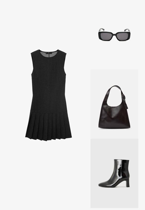 Abito nero senza maniche con strisce verticali, una corsetto aderente e una gonna plissettata. Il tessuto è liscio con una finitura leggermente testurizzata.; Stivaletto in pelle verniciata nera con punta a punta e tacco a blocco di altezza media. Texture liscia e design minimalista.; Occhiali da sole neri rettangolari con lenti scure, montatura in plastica liscia e tempie curve. Il design è voluminoso con un'estetica minimalista.; Borsa a spalla in pelle marrone con una texture liscia, forma arrotondata, ampia tracolla e un accento metallico circolare sul manico.