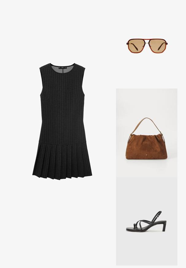 Čierne bezramienkové šaty so zvislými pruhmi, priliehavým živôtikom a skladanou sukňou. Materiál je hladký s jemne textúrovaným povrchom.; Čierne sandále na vysokom podpätku so štvorcovou špičkou a nízkym blokovým podpätkom. Obsahujú viacero tenkých popruhov a nastaviteľný členkový popruh. Vyrobené z hladkej kože.; Hnedé osemuholníkové slnečné okuliare s priehľadným jantárovým rámom a hnedými tónovanými sklami. Obsahujú kovový akcent na mostíku a štíhle nožičky.; Hnedá semišová kabelka s nariaseným dizajnom, s jedným koženým remienkom v svetlohnedej farbe a jemným zlatým logom na prednej strane.