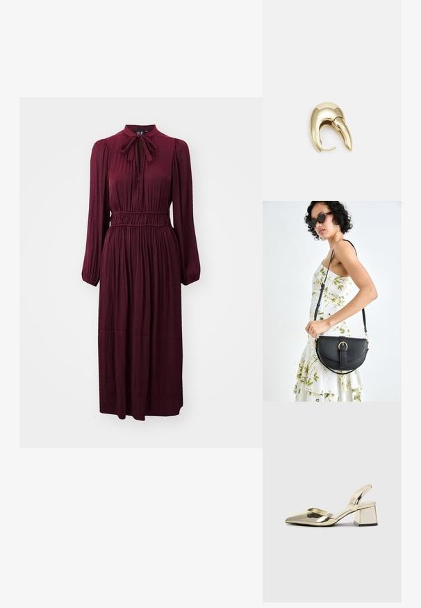 GAP LS SATIN MIDI DRS - Kjole - noir red; Gull, metallisk slingback-hæler med spiss tå og chunky hæl. Glatt tekstur, minimalistisk design og en smal stropp.; Svart lærveske med en buet form, avtagbar stropp og gullbeslag. Vesken har et klaff med spenne-detall.; Gullfarget metalløredobber med et elegant, buet design. Har en karakteristisk spiss form, polert overflate og hengsel-lukking.