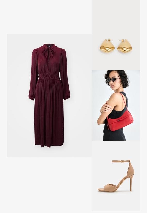 GAP LS SATIN MIDI DRS - Day dress - noir red; ALDO CRERIDE PILLOW WALK - Sandals - beige; Red leather shoulder bag with a smooth texture, curved design, and a decorative buckle accent. Adjustable strap and zip closure.; Gold-tone metal earrings with a smooth, rounded triangular shape and post-back design; reflective surface with minimal detailing.