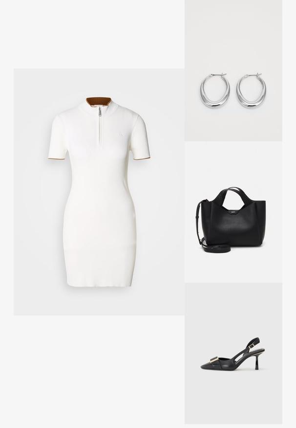 Hvit ribbet kjole med korte ermer, høy krage og glidelås foran. Akkompagnert av en brun ribbet runding i halsen.; Svart skinn slingback-sko med spiss tå, slank hæl og gullfarget detalj på vampen. Glatt tekstur og strukturert design.; Svart skinnhåndveske med teksturert finish, vinklet form, doble håndtak og justerbar skulderrem. Har et DKNY-logo som detaljer.; Et par polerte sølv halvmåne hoop øredobber med hengselspenner på hvit bakgrunn.