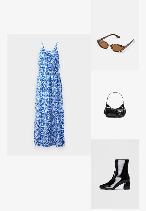 Abito lungo con un intricato motivo blu e bianco, senza maniche, con corpetto arricciato e gonna svasata. Realizzato in tessuto leggero.; Stivale ankle nero in vernice con punta affusolata e tacco quadrato. Texture liscia con una finitura lucida, privo di qualsiasi ornamento visibile.; Occhiali da sole in tartaruga con lenti ovali, tono marrone, bracci sottili con un motivo testurizzato, montatura in plastica leggera.; Borsa a spalla in vernice nera con forma curvata, una tracolla, tasche frontali e dettagli in metallo argentato.