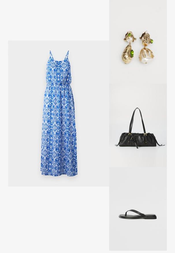 Maximekko, jossa on sinivalkoinen yksityiskohtainen kuvio, olkaimeton muotoilu, smockattu yläosa ja liehuva hame. Valmistettu kevyestä kankaasta.; Mustat varvastossut, joissa on sileä nahkapinta, ohut hihna ja litteä pohja, jossa on minimalistinen muotoilu. Ei huomattavia kuvioita tai koristeita.; Mustassa nahkabagissa on kerrostettu yläosa, kaksi olkahihnaa, kullanvärinen metalliosuus ja keskellä pyöreä yksityiskohta. Pehmeä pinta ja kompakti muoto.; Kultakuvioiset korvakorut esittävät epäsäännöllisiä teksturoituja muotoja, joita koristavat vihreät kivet ja valkoiset helmet. Ne on varustettu klipsikiinnityksillä.