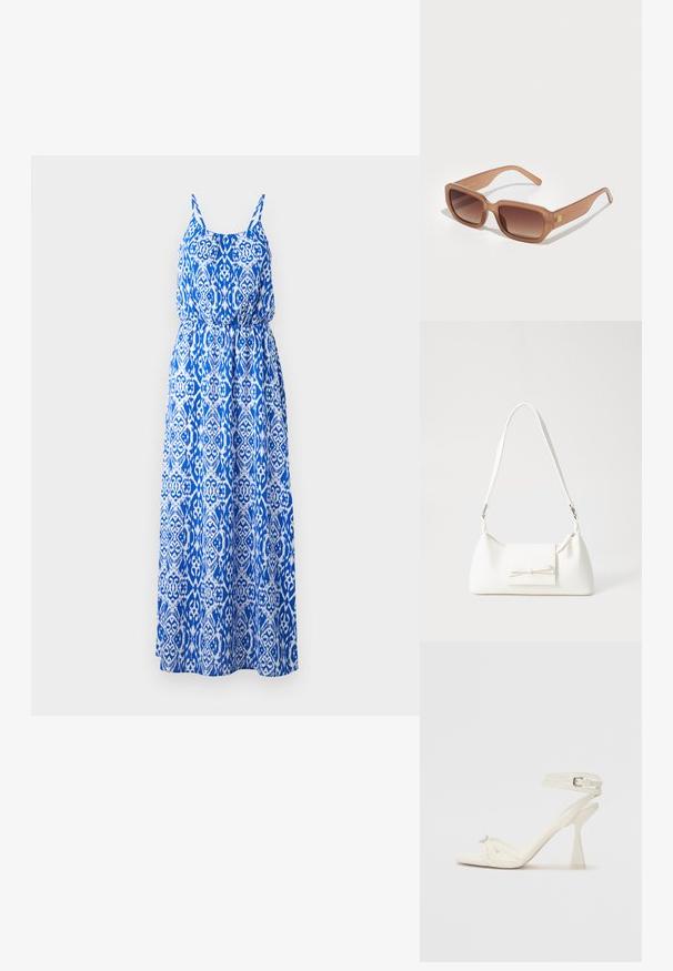 Vestido maxi com padrão intrincado em azul e branco, design sem mangas, corpete franzido e saia rodada. Feito de tecido leve.; Sandal de salto alto com tiras em couro branco, com um design elegante, um salto bloco transparente e um elemento decorativo na ponta.; Óculos de sol retangulares castanhos com lentes degradê, armações grossas e um detalhe do logótipo de lado. Material plástico suave, design minimalista.; Mala sintética branca com formato triangular, aba frontal plana e detalhe de laço, alça ajustável, textura suave e design minimalista.