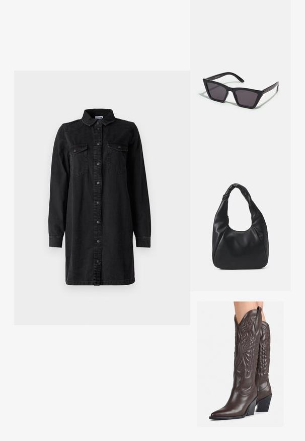 Crna traper jakna haljina s zatvaranjem na dugmad, ovratnikom, dugim rukavima i dvije džepove na prsima. Ima jednostavan dizajn i čvrst materijal.; Smeđe kožne kauboj čizme s šiljastim vrhom i blok-potpeticom, s detaljno izvezenim šavovima i uzdignutim naglascima na okovu.; Crne, uglaste sunčane naočale sa sivoj lećama; izrađene od plastike, imaju debele nogice s glatkom površinom i bez vidljivih metalnih dijelova.; Crna torba hobo napravljena od glatkog materijala nalik koži s uvrnutom drškama, s mekim, zaobljenim oblikom i zatvaranjem na vrhu sa patentnim zatvaračem.