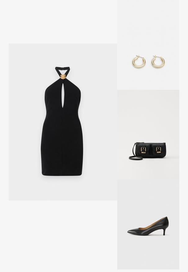 Svart halterneck-klänning med nyckelhål framdesign och en guld lejonhuvudaccent vid halsringningen. Slät textur, figurnära silhuett.; Svart läderpumps med spetsig tå, låg klack och slät yta. Har en liten öppning framtill och minimal hårdvara bak.; Svart läderaxelväska med två framfickor, guldspännen, dragkedjestängning och en smal rem. Texturerad yta och kompakt rektangulär form.; Lauren Ralph Lauren BASIC SMALL HOOP - Örhänge - gold-coloured