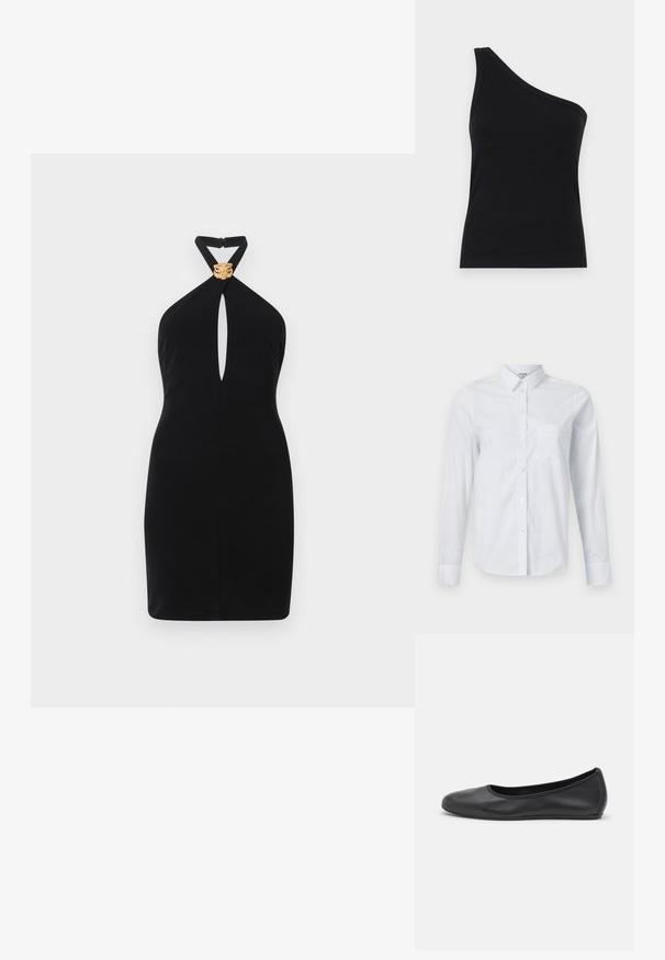 Must rõivastus mustsse värvitud halter-kleidis, millel on võtmeaugu eesmine disain ja kuldne lõvikuju aksessuaar kaelaosa juures. Sile tekstuur, kehakumerust rõhutav siluett.; Valge pikakä sleeves särkk, mis on valmistatud puuvillast. Omab nööbiga esiosa, teravat kaelust ja vasakul küljel rinnataskut.; Ühe õla must ribakanga tank top, millel on vormikujundus ja pehme tekstuur. Omab puhtat, minimalistlikku lõiget ja sujuvat kaelust.; Musthave mustika tantsutossud mustast nahast, ümmarguse varbaga, siledast tekstuurist, minimaalse õmblusdetailiga ja paindliku tallakujundusega.