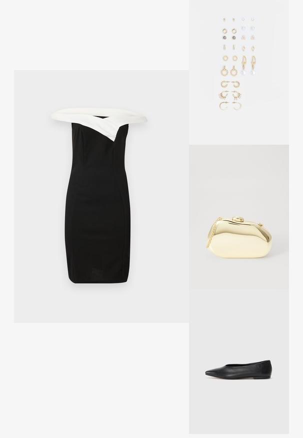 Rochie neagră ajustată cu o guler alb, desprins de pe umăr, design elegant și textură netedă, evidențiind o siluetă modernă.; Balerini din piele neagră, vârf ascuțit, design minimalist, textură netedă, toc de mică înălțime, fără hardware sau embellishments vizibile.; Clutch metalizat de culoare aurie, cu o formă netedă și rotundă, având un închizător tip buton în partea de sus și o curea mică pentru purtare.; Set de cercei aurii, cu diverse designuri, inclusiv cercei tip stud, cercei hoop și cercei lungi cu perle și strassuri.