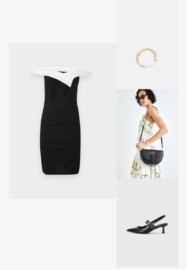 Svart figurnära klänning med en vit avskuren krage, stilren design och slät textur, som framhäver en modern silhuett.; Svarta patentläder slingback-klackar med spetsig tå och en liten blockklack, med en silvrig spänneaccent på remmen.; Svart läderhandväska med en böjd form, avtagbar rem och guldiga detaljer. Väskan har ett lock med en spänndetalj.; Ring i guldutförande med en organisk, vriden design, slät yta och avsmalnande ändar, vilket ger ett modernt, skulpturalt utseende.