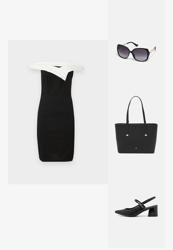 Svart tettsittende kjole med en hvit av-shoulder krage, elegant design og jevn tekstur, og viser en moderne silhuett.; Sorte lakk lær slingback hæler med spiss tå, et avrundet utskjæringsdesign og blokkheel. Har en gulltone spenne som detalj.; Sorte oversized solbriller med gradient linser, tykke rammer og detaljering med gulltonekjede på tempelarmene.; Svart totebag laget av syntetisk materiale, med et enkelt rektangulært design, gullfargede firkantede detaljer og doble håndtak.