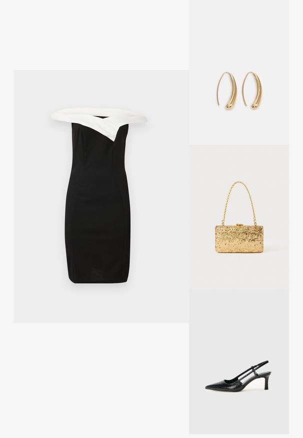 Černé přiléhavé šaty s bílým límcem mimo ramena, elegantní design a hladká textura, představující moderní siluetu.; Černé lakované slingback podpatky s špičatou špičkou, zdobené texturovaným hadím vzorem, nastavovacím páskem a krátkým texturovaným blokovým podpatkem.; Zlatá flitrová kabelka ve tvaru obdélníku, s propleteným řetízkovým uchem a kovovým zapínáním, odrážející světlo s texturovaným povrchem.; Náušnice ve tvaru kruhu z pozlaceného kovu s vroubkovaným, prodlouženým tvarem. Mají hladký, lesklý povrch a zaoblený konec pro zvýraznění detailu.