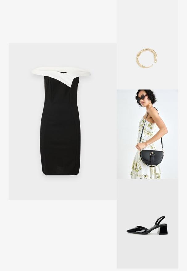 Črna obleka z oprijetim krojem in belim ovratnikom, ki se nosi preko ramen, eleganten dizajn in gladka tekstura, ki prikazuje sodobno silhueto.; Črne lakirane slingback pete s koničastim nosom in geometrijsko blokasto peto. Imajo eleganten, minimalističen dizajn in gladko teksturo.; Črna usnjena torbica s ukrivljeno obliko, z odstranljivo naramnico in zlatimi dodatki. Torbica ima pokrov s podrobnostmi v obliki zaponke.; Zlati prstan s organskim, zvitim dizajnom, gladko površino in taperiranimi konci, ki ustvarja modernega, skulpturalnega videza.