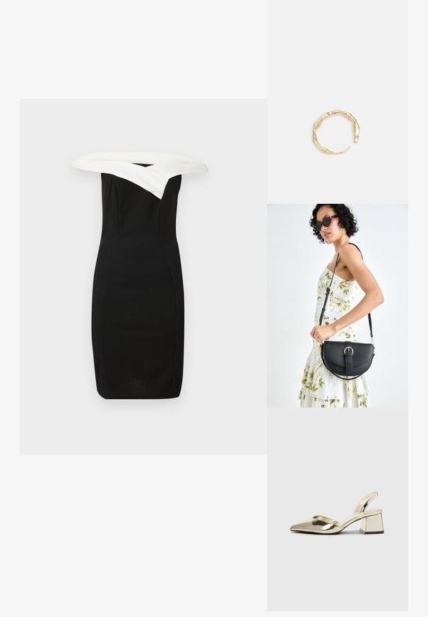 Mustas pikk kleit valge õlgadelt avatud kraega, stiilne disain ja sile tekstuur, mis rõhutab kaasaegset siluetti.; Kuldne, metallilised slingback-kudumid terava varba ja paksu kontsaga. Sile tekstuur, minimalistlik disain ja kitsas rihm.; Mustmust mustraha kõverate joontega, eemaldatava rihmaga ja kuldsete detailidega. Kotil on klapp, millel on pandladetail.; Kuldtoonis sõrmus, millel on orgaaniline, keerdunud disain sileda tekstuuri ja kitsenevate otstega, luues kaasaegse skulptuurilise välimuse.