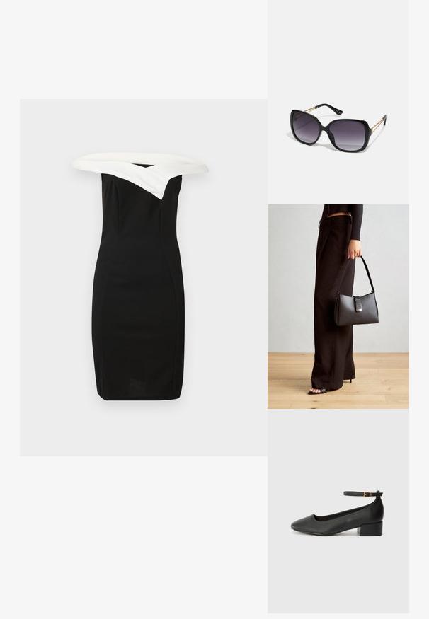 Mustassa istuvassa mekossa on valkoinen olkapäiltä avattu kaulus, tyylikäs muotoilu ja sileä tekstuuri, joka korostaa modernia siluettia.; Mustat nahkakengät, joissa on terävä kärki ja matala lohkare korko. Varustettu nilkkahihnalla, jossa on kultasävyinen solki. Lisää sileä pinta.; Mustat ylisuurten kehysten aurinkolasit, joissa on liukuväri-linssit, paksut kehykset ja kultasävyiset ketjustuskoristeet temppeleissä.; Musta käsilaukku, jossa on rakenteellinen muoto, sileä pinta ja metallinen solki. Yhdistetty leveisiin mustiin housuihin ja avonaiheisiin sandaaleihin puulattialla.