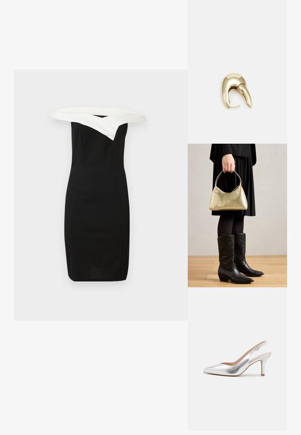 Fekete, testhezálló ruha fehér, válltól lefelé nyitott gallérral, elegáns kialakítással és sima textúrával, modern sziluettet bemutatva.; Ezüst fémes slingback sarok, hegyes orral, finom csillogással, állítható bokapánttal és 4 cm magas tömbsarokkal. Simára csiszolt bőrfelület.; Arany textúrájú kézi táska, ívelt formával és rövid pánttal, amelyet egy fekete pliszírozott szoknyát és fekete bőr cowboy csizmát viselő személy tart.; Aranyszínű fém fülbevaló, elegáns, ívelt formával. Különleges hegyes alak, fényes felszín és zsanéros záródás jellemzi.