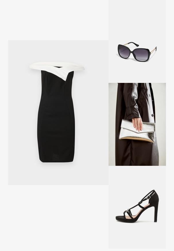 Juoda prigludusi suknelė su balta nepamiršta apykakle, elegantiškas dizainas ir sklandus tekstūra, pabrėžianti modernią siluetą.; Juodų suedinių aukštakulnių sandalų su kryžminėmis juostelėmis, dekoratyviniu sidabro atspalviu ir platforminiu padu papildomai aukštai.; Juodos didelės saulės akinių su pereinamais objektyvais, storomis rėmeliais ir auksinės spalvos grandinėmis ant šventyklų.; Sidabrinis metalinis rankinukas su kampuota vokų forma, sklandžiu paviršiumi ir kontrastinga vidine spalva, laikomas rankoje, apsirengusioje juoda striuke.