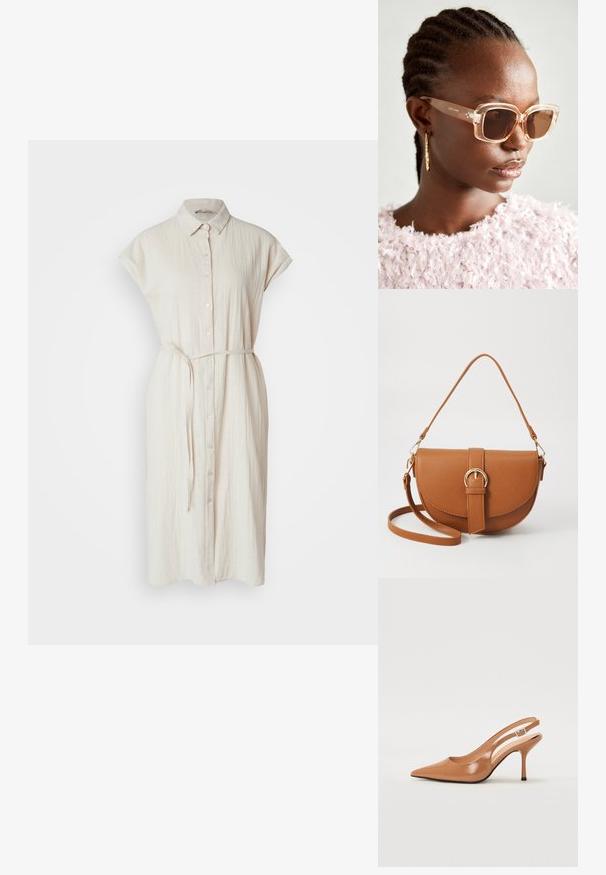 Rochie camasa cu butoni, dintr-un material bej deschis, avand maneci scurte tip capac, o bandă pentru talie și un finisaj ușor texturat.; Pantofii cu toc slingback, cu vârful ascuțit, dintr-un material tan neted și strălucitor. Prezintă un design cu decupaj curbat și un toc subțire stil stiletto. Detaliu cu cataramă argintie.; Ochelari de soare bej supradimensionați cu rame transparente și lentile cu nuanță maronie, având accente florale subtile și un design geometric îndrăzneț.; Geantă din piele maro, tip crossbody, cu o formă curbată, accesorii aurii și un accent cu cataramă. Dispune de un curea de umăr detașabilă.