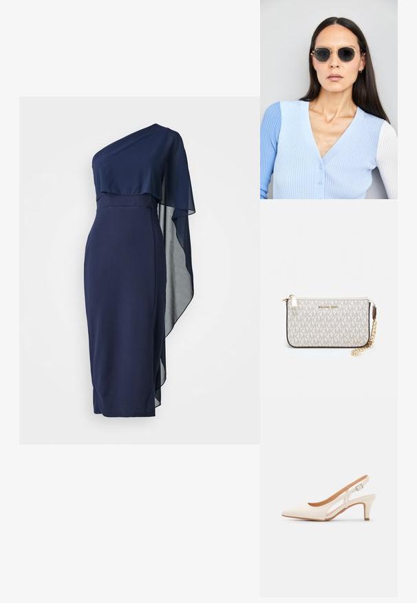 WAL G. ONE SHOULDER MIDI - Cocktailklänning - navy blue; Vit slingbackklack med spetsig tå, slät ovandel, låg blockklack och sidoutskärning med justerbar spänne.; Runda solglasögon med mörka linser och guldramar. Modellen bär en ljusblå, ribbad cardigan med knappar och kontrasterande vita ärmar.; Michael Kors handledos i beige belagd kanvas med ett upprepande MK-logomönster, gyllene detaljer och ett avtagbart kedjehandtag.