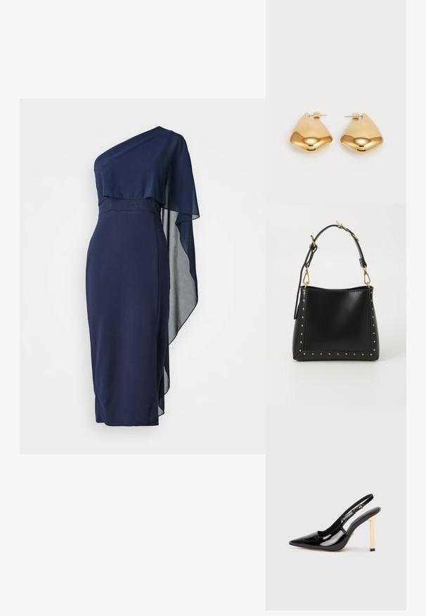 WAL G. ONE SHOULDER MIDI - Koktejlové šaty / šaty na párty - navy blue; Černá lakovaná slingback vysoká bota na podpatku s špičatou špičkou a zlatým čtvercovým akcentem na podpatku. Má nastavitelné kotníkové popruhy.; Černá kožená kabelka se strukturovaným tvarem, zdobená zlatými hroty podél okrajů a odnímatelným popruhem se zlatými kovovými detaily.; Náušnice z kovu ve zlatém tónu s hladkým, zaobleným trojúhelníkovým tvarem a designem na zadní upevnění; lesklý povrch s minimálními detaily.